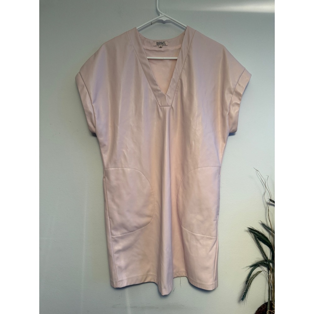 Badgley Mischka Womens Faux Leather V-Neck‎ Shift Dress Pink 8BRD0152 XS